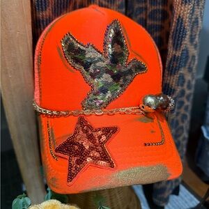 Orange Sequin Bird Cap with Gold Chain